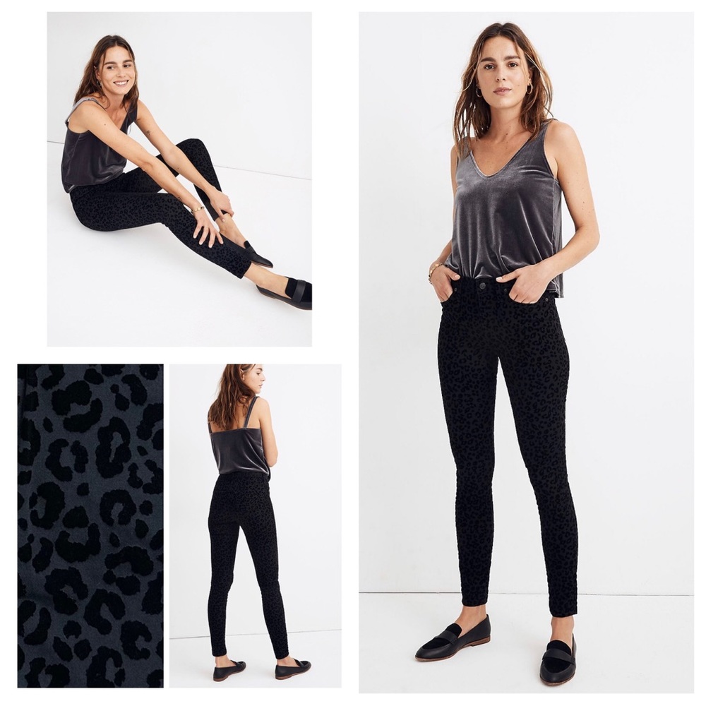 Madewell Flocked Leopard Print Mid Rise Black Skinny Jeans Size 27
